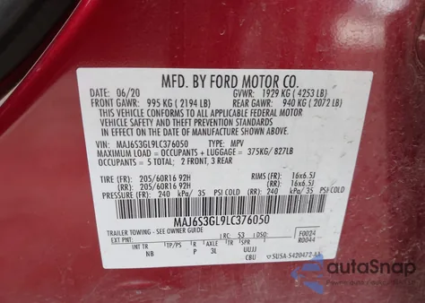 2020 Ford Ecosport Se из США, поврежденный, VIN MAJ6S3GL9LC376050